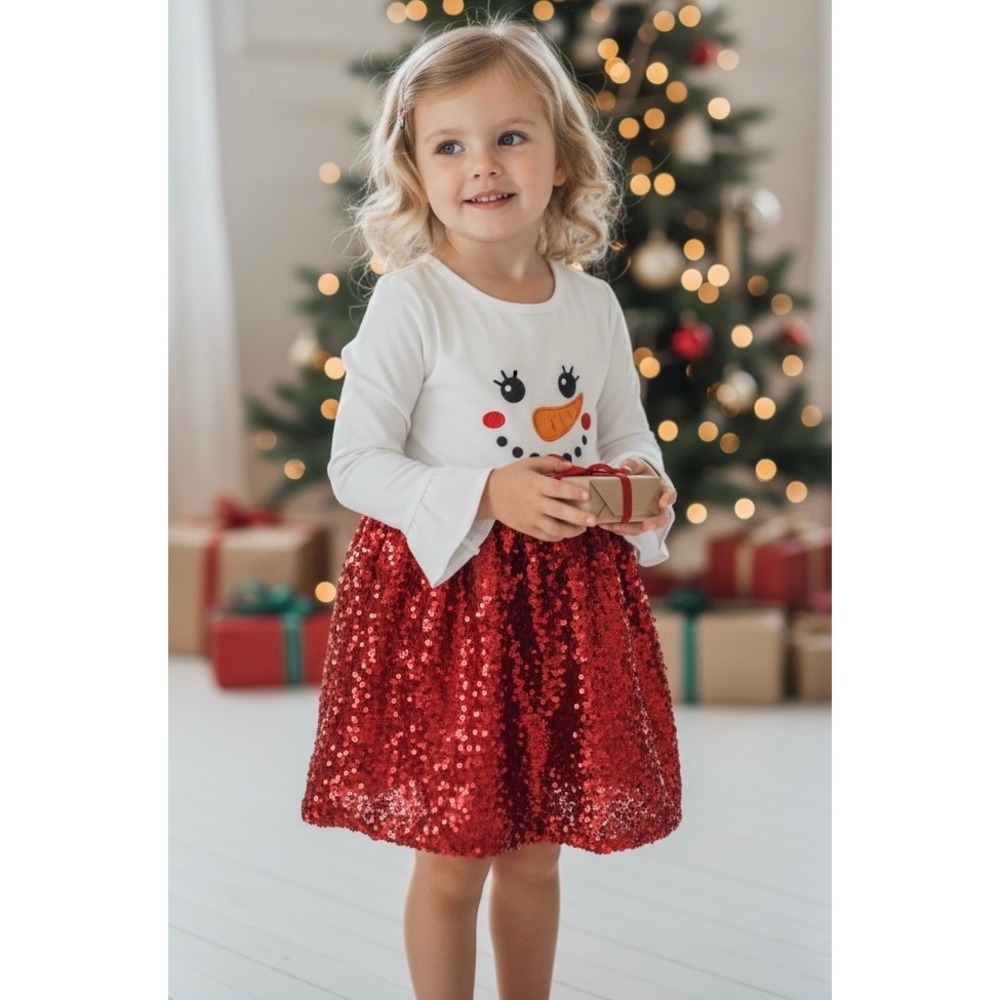 NEW Snowman Sequin Christmas Holiday Dress Size 4 Red White Kids‎ Winter
